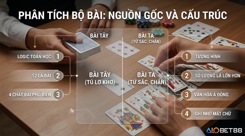 So sánh bài tây với ta.: Phân tích bộ bài Tây 52 lá, 4 chất, logic toán học và Bài Ta (Tứ Sắc, Chắn) tượng hình, văn hóa Á Đông, ghi nhớ mặt chữ