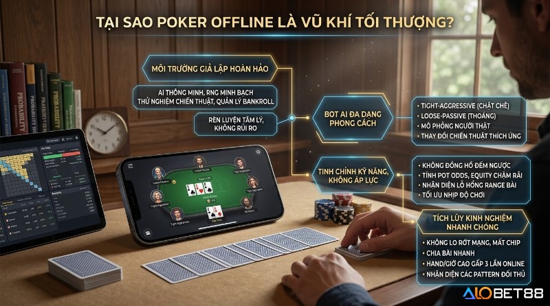 Luyện Poker offline trên điện thoại, máy tính bảng với AI thông minh, môi trường giả lập giúp rèn luyện kỹ năng, tích lũy kinh nghiệm trong tải game Poker offline