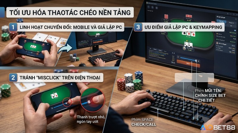 Tối ưu đa nền tảng cũng như là giảm misclick mobile và dùng keymapping PC (Space Check/Call, mũi tên chỉnh cược)