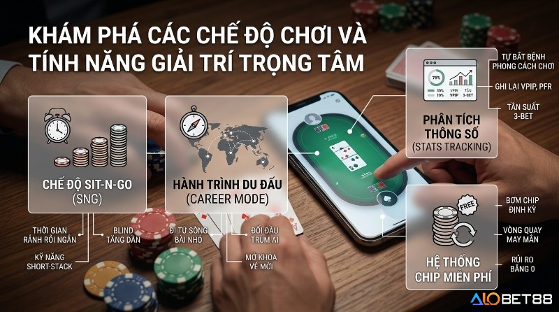 Các chế độ chơi và tính năng giải trí trọng tâm của game Poker: Sit-N-Go, Hành trình du đấu, Phân tích thông số VPIP, PFR, 3-Bet, và hệ thống chip miễn phí