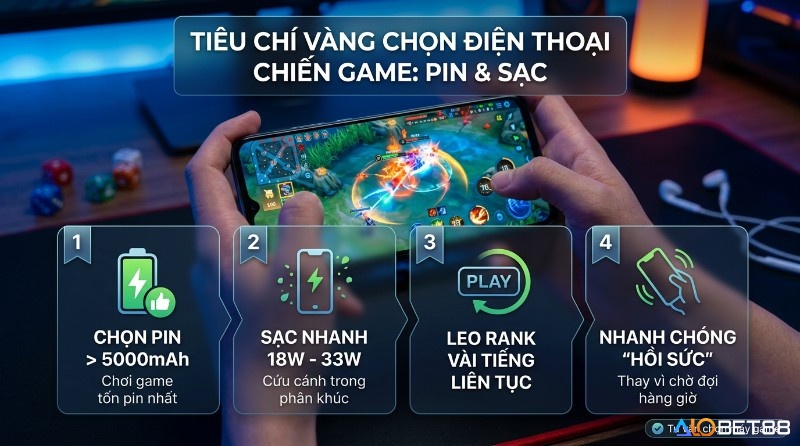 Tiêu chí vàng chọn điện thoại chiến game với pin > 5000mAh và sạc nhanh 18W-33W giúp chơi game MOBA liên tục, hồi sức nhanh