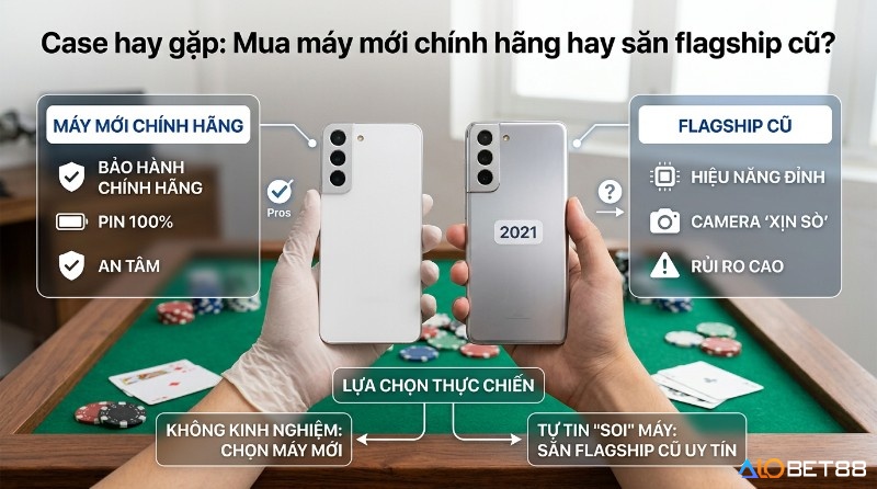 So sánh mua điện thoại mới chính hãng có bảo hành, pin 100% với săn flagship cũ hiệu năng đỉnh, camera tốt nhưng rủi ro cao