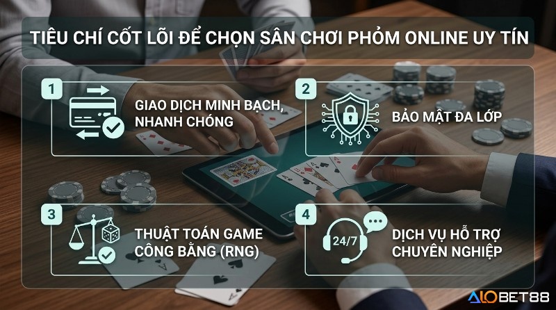 Tiêu chí chọn sân chơi đánh bài phỏm online: giao dịch minh bạch, bảo mật đa lớp, thuật toán game công bằng RNG, hỗ trợ khách hàng chuyên nghiệp