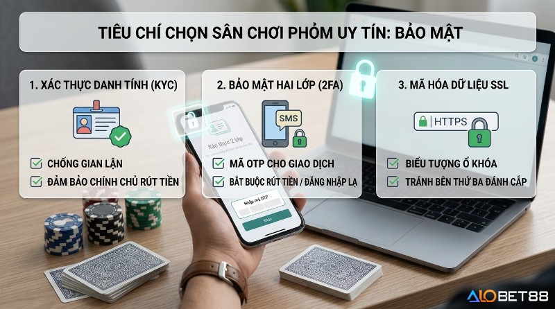 Tiêu chí bảo mật sân chơi đánh bài phỏm online uy tín gồm xác thực danh tính KYC, bảo mật hai lớp 2FA mã OTP và mã hóa dữ liệu SSL HTTPS