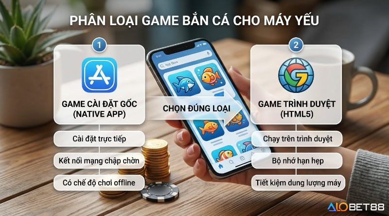 Phân loại game bắn cá cho máy yếu thành game cài đặt gốc (Native App) và game trình duyệt (HTML5), hiển thị ưu điểm từng loại trên điện thoại