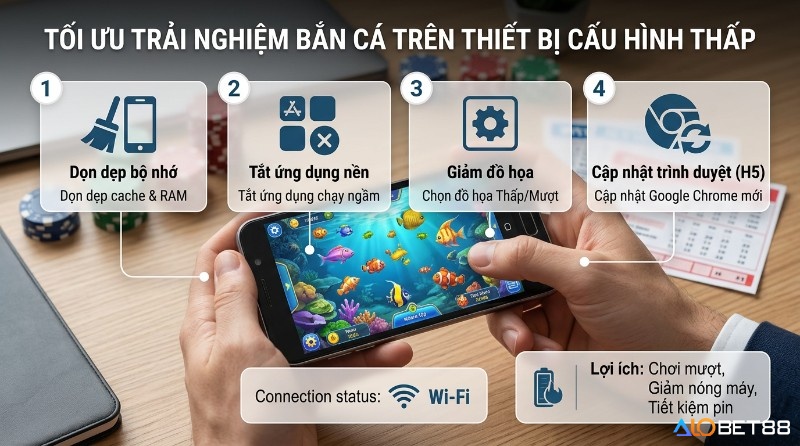 Tối ưu bắn cá cấu hình thấp: dọn RAM, tắt app, giảm đồ họa, update trình duyệt, Wi-Fi giúp game mượt, ít nóng, pin bền
