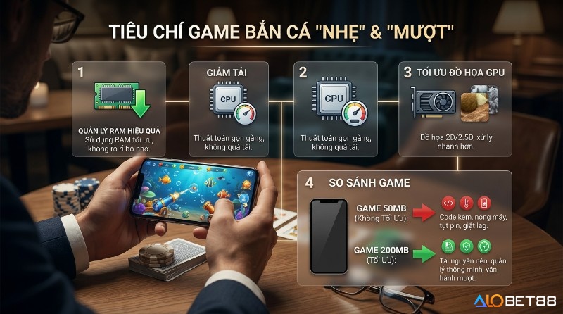 Tiêu chí, game bắn cá cho máy yếu, qua quản lý RAM, giảm tải CPU, tối ưu đồ họa GPU 2D/2.5D. 