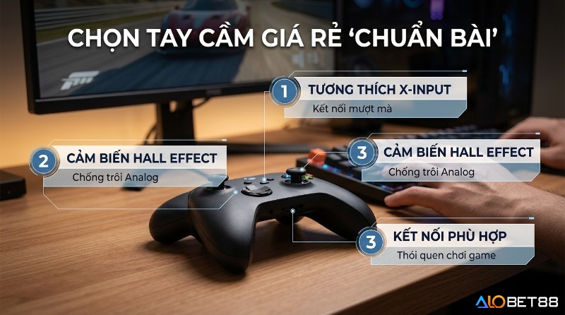 Phân tích tiêu chí chọn,&nbsp;top tay cầm chơi game PC giá rẻ, cảm biến Hall Effect chống trôi analog và kết nối phù hợp cho trải nghiệm chơi game mượt mà