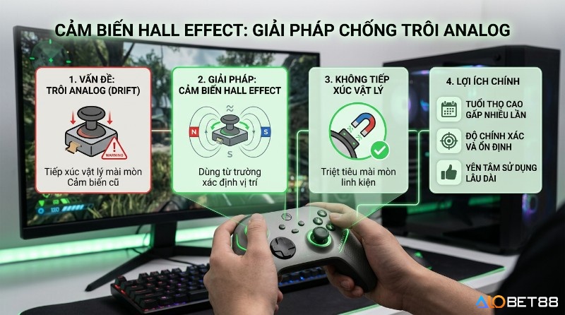 Cảm biến Hall Effect chống trôi analog bằng từ trường, loại bỏ mài mòn vật lý, mang lại tuổi thọ, độ chính xác cao cho tay cầm