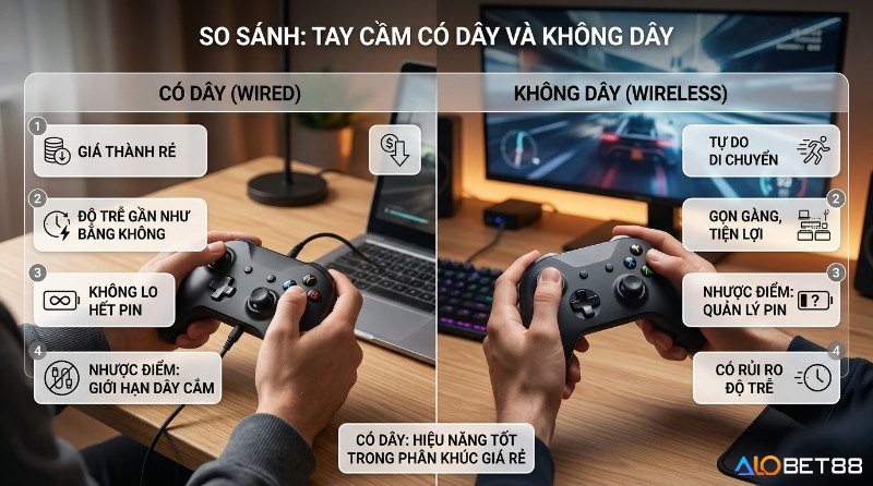 So sánh&nbsp;top tay cầm chơi game PC giá rẻ có dây và không dây, hiển thị ưu nhược điểm về giá rẻ, độ trễ thấp, không lo hết pin, tự do di chuyển
