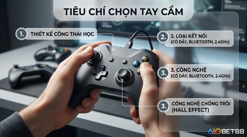 Người dùng cầm top tay cầm chơi game PC màu đen, minh họa tiêu chí chọn: thiết kế công thái học, kết nối (có dây, Bluetooth, 2.4GHz), công nghệ Hall Effect chống trôi