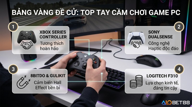 Bảng vàng đề cử top tay cầm chơi game PC: Xbox Series Controller tương thích, Sony DualSense haptic, 8BitDo/Gulikit Hall Effect, Logitech F310 kinh tế
